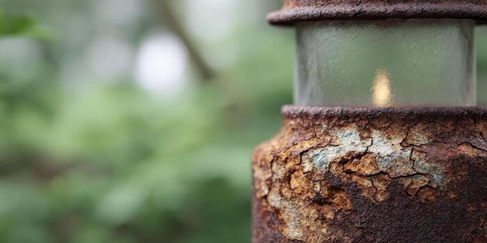 A macro view of a rusted lantern's surface, capturing flaking metal and intricate corrosion patterns, with a faint candle flicker and a blurred spooky forest in the background. photo