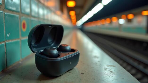 Wireless noise-canceling earbuds in urban subway station with matte black charging case photo