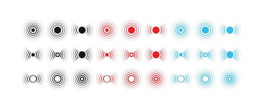 A comprehensive design set of radar and sonar icons in black, red, and blue. Perfect for wireless communication, scanning, alerts, and modern UI UX design vector