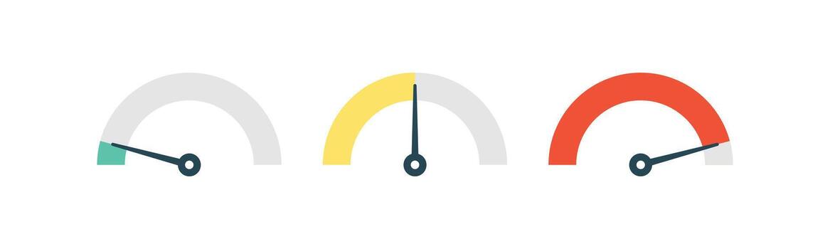 Set of speedometer and gauge icons. Use for performance indicators, progress levels, and risk assessment on data dashboards and in UI UX design vector