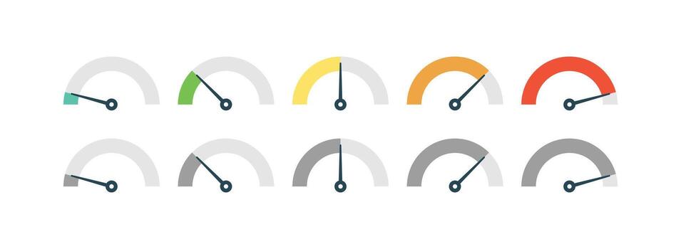 Set of speedometer and gauge icons for dashboards. Perfect for performance indicators, progress levels, and data measurement in UI UX design vector