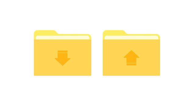 Download and upload folder icon set. This simple, clean illustration in yellow is perfect for modern UI and web design vector