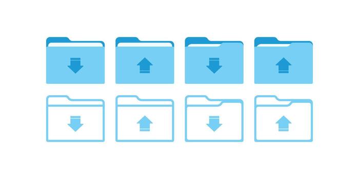Download and upload folder icon set in blue. This simple and clean illustration collection with solid and outline styles is perfect for UI and web design vector