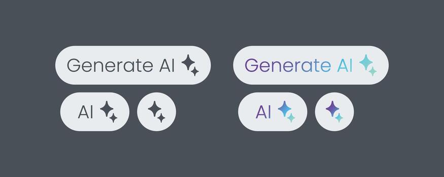 A set of AI icon vectors in a flat, modern style. This design includes Generate AI and sparkle symbols, ideal for user interfaces, apps, and websites related to generative artificial intelligence