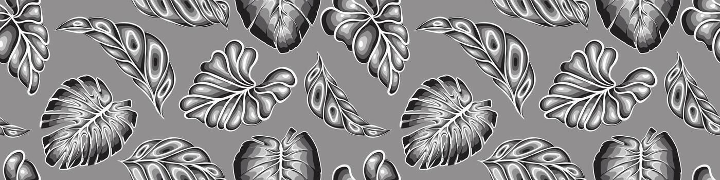 sin costura botánico hoja modelo en escala de grises estilizado monocromo follaje diseño en gris antecedentes. sin costura antecedentes con ornamental hoja ilustraciones. resumen botánico motivo vector