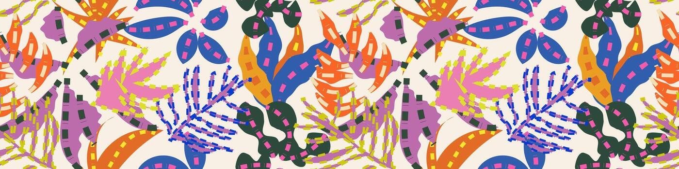 Abstract Botanical Pattern with Vibrant Colors . Seamless Hand-Drawn Leaf Design in Playful Style. Playful Botanical Design with Dynamic Shapes . Seamless Artistic Background with Leaf Elements vector