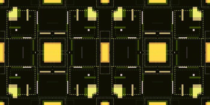 Abstract Digital Grid Pattern on Dark Background. Modern Geometric Yellow and Olive Squares. Seamless Pixelated Data Stream Motif. Retro 8-bit Style Abstract Pattern. Digital Data Flow art Graphic vector