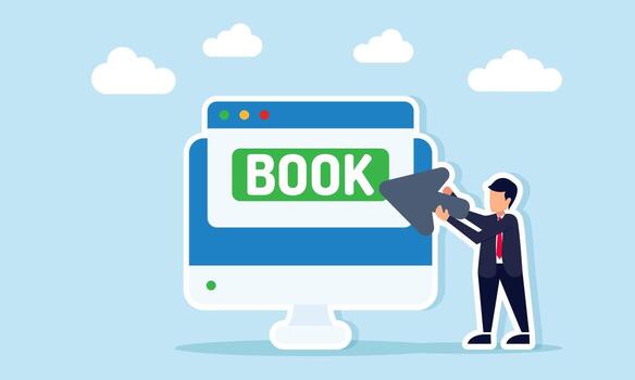 Businessman holding cursor pointing at BOOK button on marketplace app illustration of booking vendor for business project completion vector