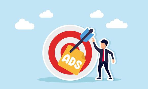 Businessman standing near target board with arrow and note paper labeled ADS illustration of precise digital marketing implementation vector