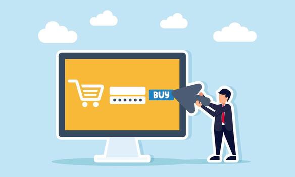 Businessman holding cursor pointing at BUY button on marketplace website illustration of company budget spending implementation vector