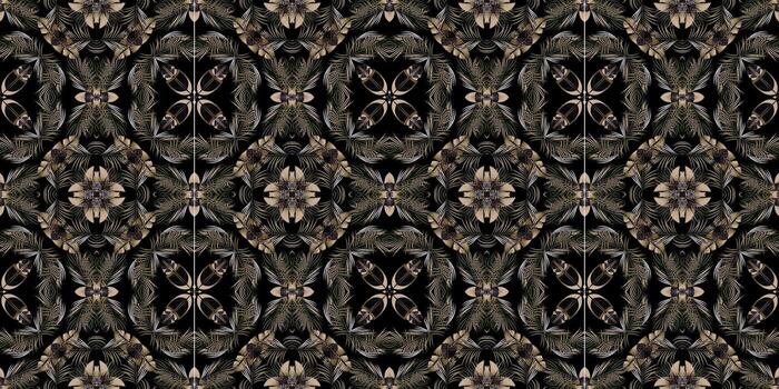 Ethnic Botanical Wallpaper with Symmetrical Layout, seamless background. Seamless Floral and Leaf Motif on Dark Background. Repeating Ethnic Floral Textile Pattern . Abstract Botanical Mandala vector