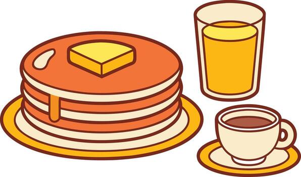 delicioso tortita apilar con arce jarabe escena tortita desayuno con Fresco bayas y jugo familia tortita desayuno mesa ajuste escena vector