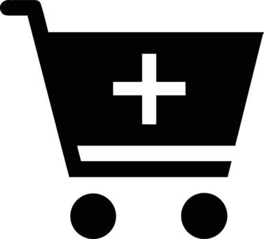 Black Shopping Cart Icon with Plus Sign for Add to Cart in E-Commerce vector