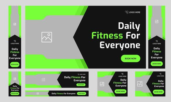 Customizable body fitness services web bundle banner design for social media post, daily exercise methods web set banner design, fully customizable eps 10 file format vector