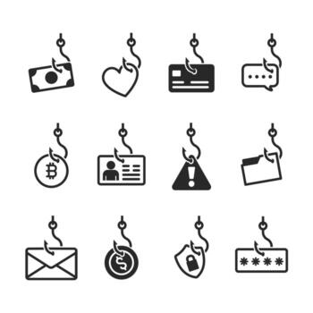 Set of phishing hooks stealing data, money, passwords, and identity to illustrate cybercrime and online fraud threats vector