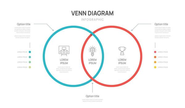 Venn diagram business infographic line circle chart template 2 steps options, presentation illustration. vector