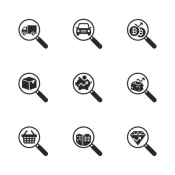Magnifying glass icon set showing search and analysis of vehicle, finance, shopping, and property assets. vector