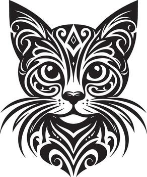 Intricate tribal style cat face illustration featuring bold geometric patterns and sharp lines in a monochrome palette vector