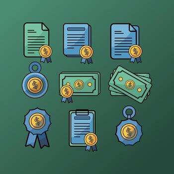 A modern and minimal icon set featuring finance and certification elements vector