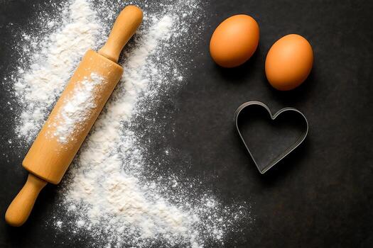 Baking ingredients and tools laid out on dark kitchen countertop flour, two eggs, heart-shaped cookie cutter, wooden rolling pin. For Valentines Day baking, culinary theme, recipe backdrop. Flat lay photo