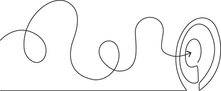 Continuous single black line on a white background, forming a winding, looping path that leads into a circular maze, with an arrow indicating the central goal. vector