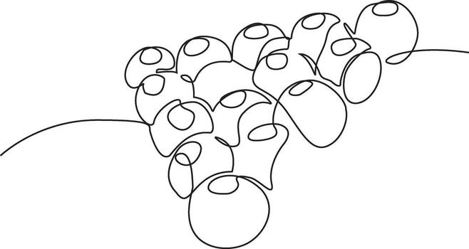 A continuous line art drawing of a pool cue and a triangular rack of billiard balls. vector