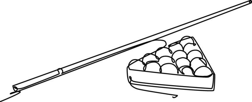 A continuous line art drawing of a pool cue and a triangular rack of billiard balls, ready for a game. vector