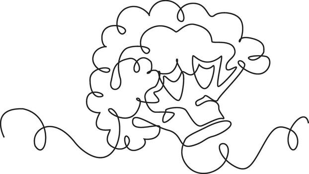 A single continuous black line drawing of a broccoli floret on a white background. The minimalist artwork features flowing, curvy lines that form the vegetable's shape. vector