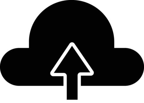 A black and white graphic illustration depicting a cloud with an upward-pointing arrow, symbolizing data upload or cloud storage. vector
