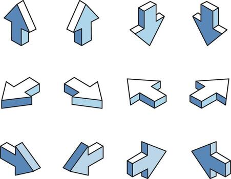 Twelve isometric 3D arrows in shades of blue and white, pointing in various directions, arranged in a grid. vector