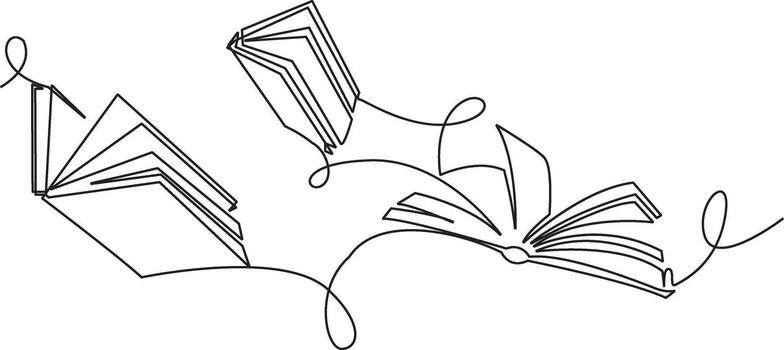 A minimalist, continuous line drawing depicts three open books in various orientations, suggesting movement and the flow of knowledge. vector