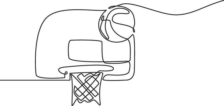 A minimalist single-line drawing depicts a basketball in mid-air, about to go through a basketball hoop and net, against a white background. vector