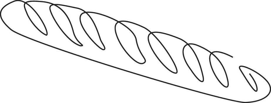 A minimalist black and white line drawing of a French baguette. The simple outline sketch depicts the long, thin loaf with its characteristic scoring marks. vector