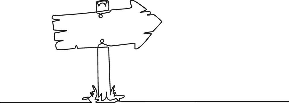 A simple line drawing depicts a wooden signpost with an arrow pointing to the right. The sign is mounted on a post with grass at the base. vector