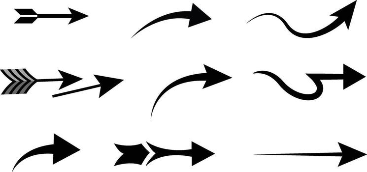 Various arrows of different shapes and styles are displayed against a white background, each pointing to the right. vector
