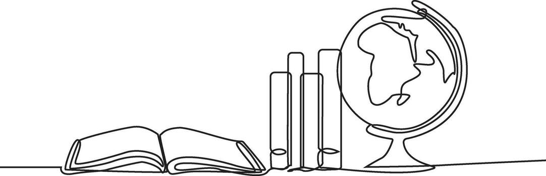 A continuous line drawing of an open book, books, and a globe. vector
