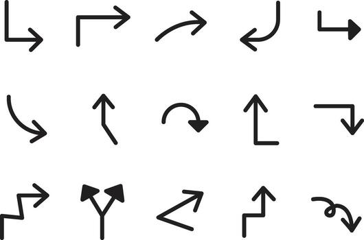 A collection of various directional arrows, including straight, curved, angled, and zigzag shapes, showcasing different directions and paths. vector