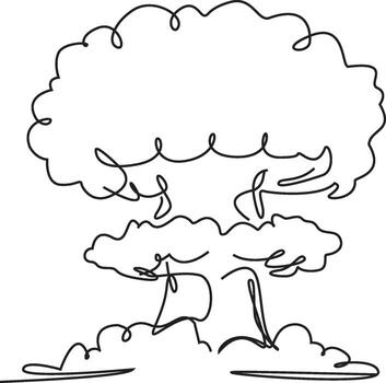 A single continuous line drawing of a tree, with a full canopy and a thick trunk. The tree is situated on a bed of grass or ground. vector