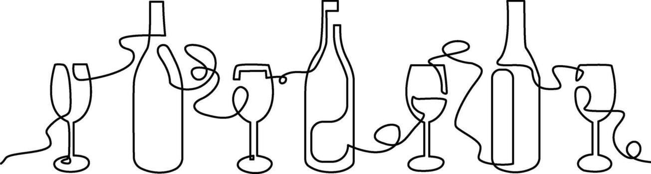 Minimal Line Art of Bottles and Glasses Set Continuous Line Bar Drink vector