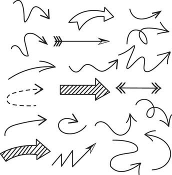un colección de varios dibujado a mano flechas señalando en diferente direcciones, exhibiendo diverso diseños y estilos. vector