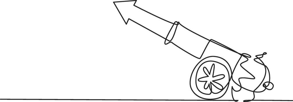 A continuous line drawing of a cannon shooting an arrow upwards, symbolizing growth and progress. vector