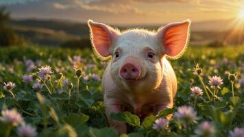 linda cerdito en pie en un vibrante flor campo durante atardecer, con colinas en el antecedentes foto