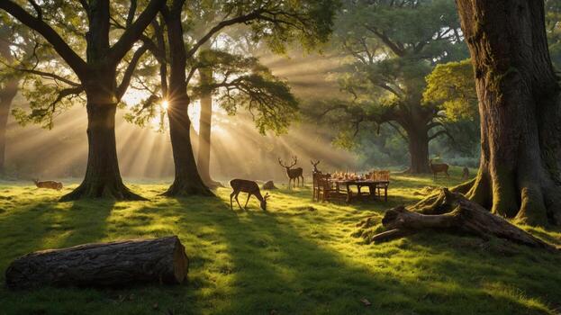 sereno bosque escena con ciervo pasto cerca un rústico mesa conjunto para un reunión debajo iluminado por el sol arboles foto