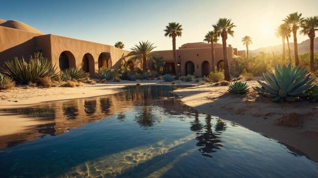 Tranquil desert oasis with palm trees, reflecting pool, and sun setting behind adobe architecture photo