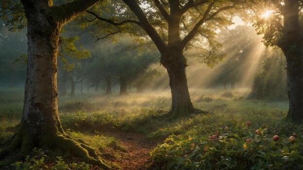 Serene morning light filtering through trees in a tranquil forest, casting soft shadows on the path photo