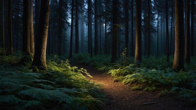 Serene forest path illuminated by soft light, surrounded by tall trees and lush ferns at dusk photo