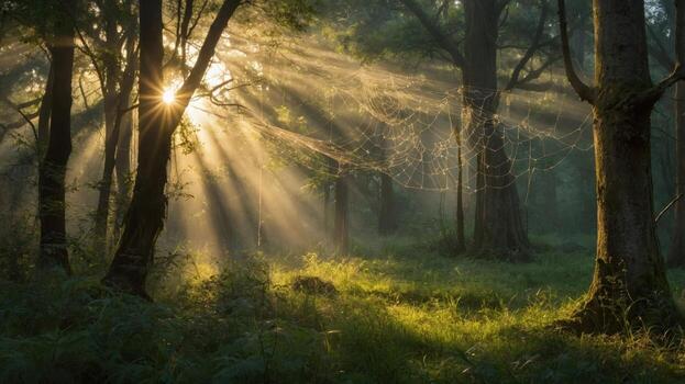 Serene forest scene with sunlight streaming through trees, illuminating spider webs in the background photo