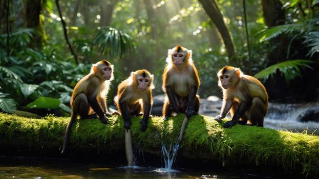 Four monkeys sitting on a moss-covered log by a stream in a lush jungle, sunlight filtering through trees photo