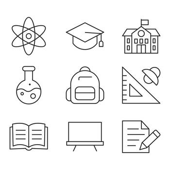 Line style education and science icons including school, graduation cap, backpack, flask, atom, book, blackboard, and ruler. Suitable for academic, learning, and knowledge projects. vector