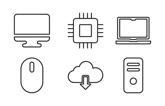 Flat line style technology icons such as computer monitor, laptop, processor chip, cloud storage, mouse, and server. Useful for IT, software, and digital business designs. vector